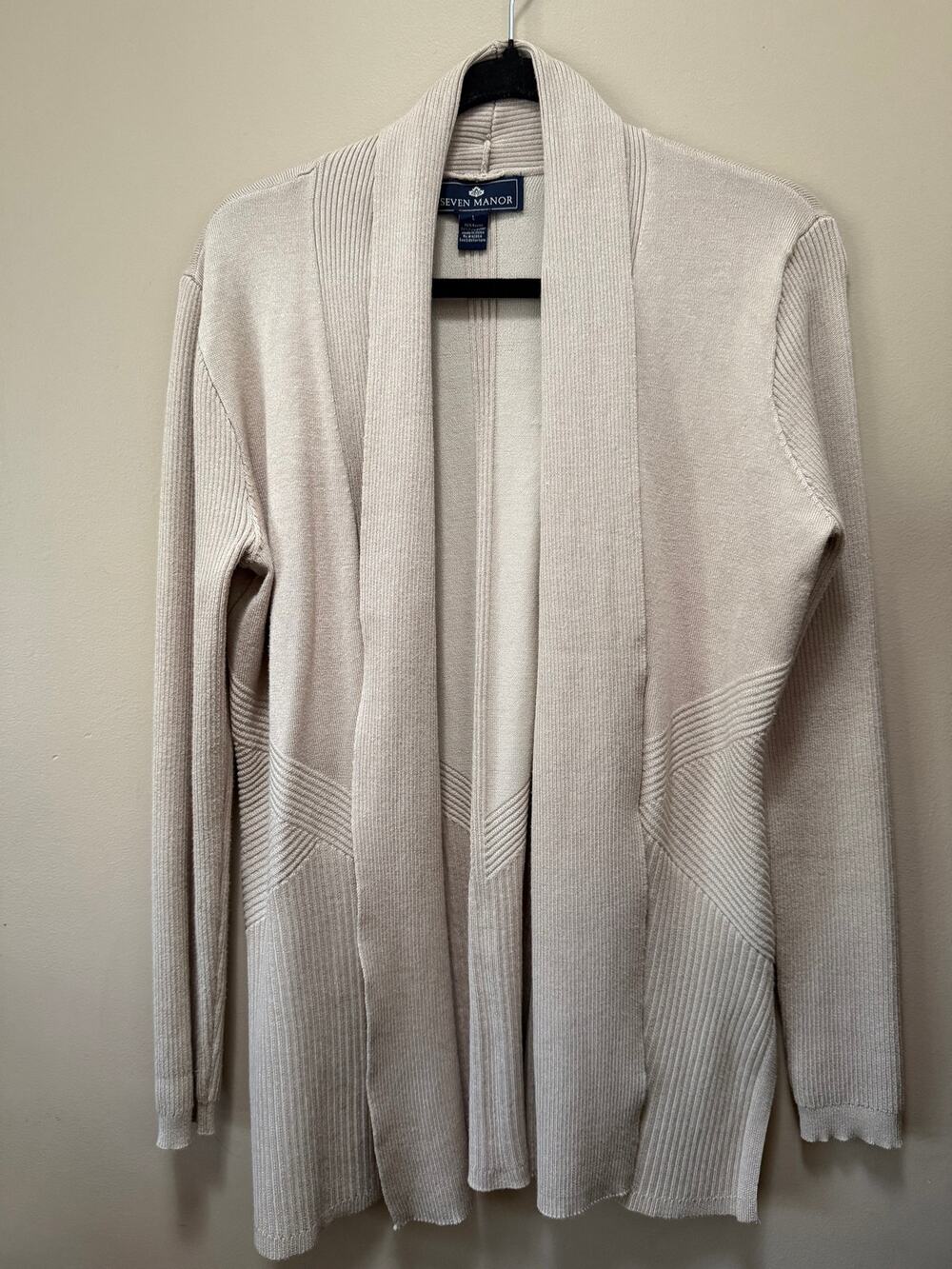 Seven Manor Womens Open Front Cardigan Sweater Rib Knit Beige Long Sleeve L
